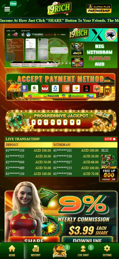 19 Rich Casino mobile home screen