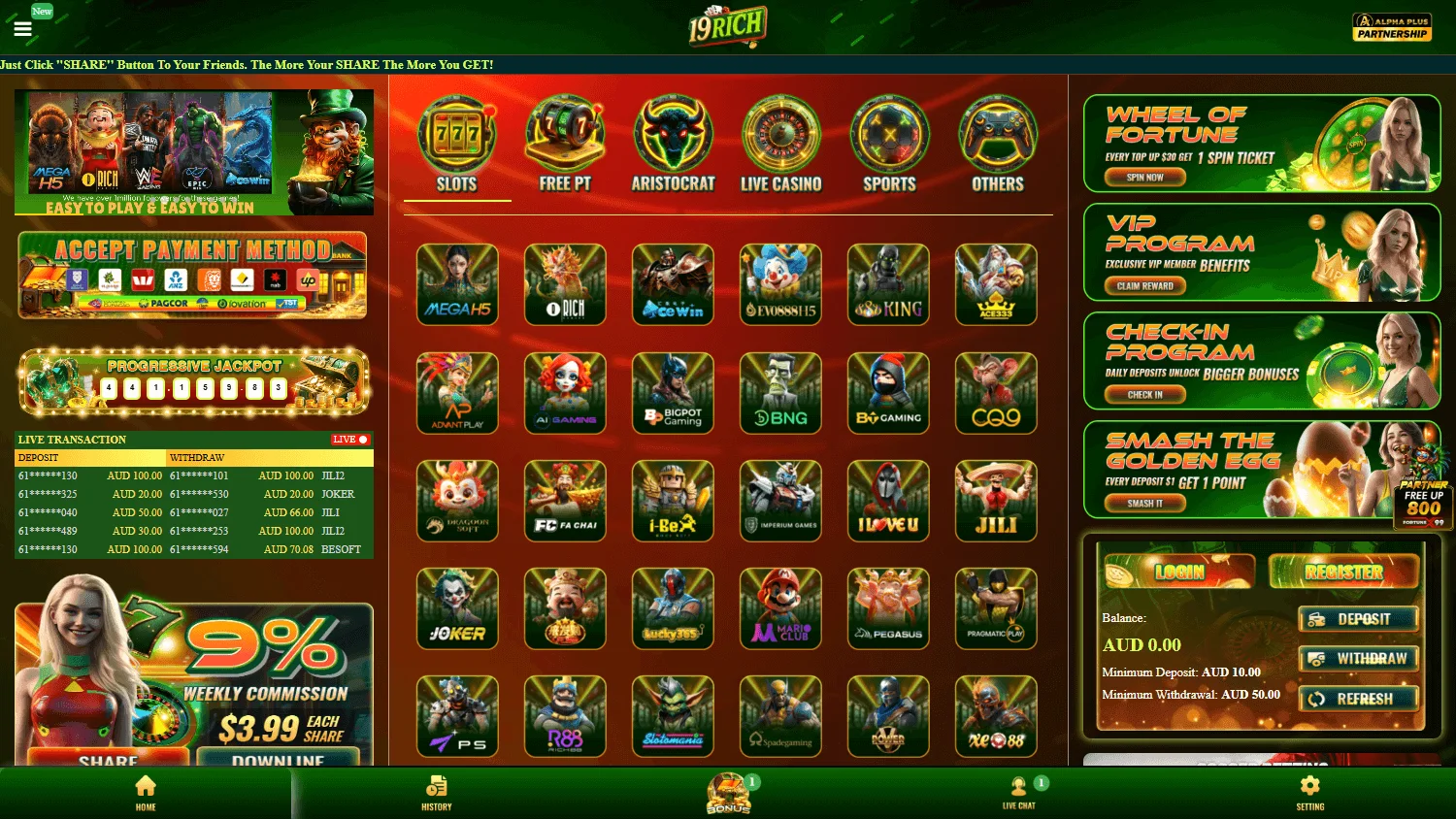 19 Rich Casino desktop home screen
