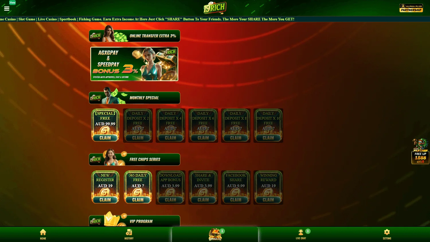 19 Rich Casino desktop promotions screen